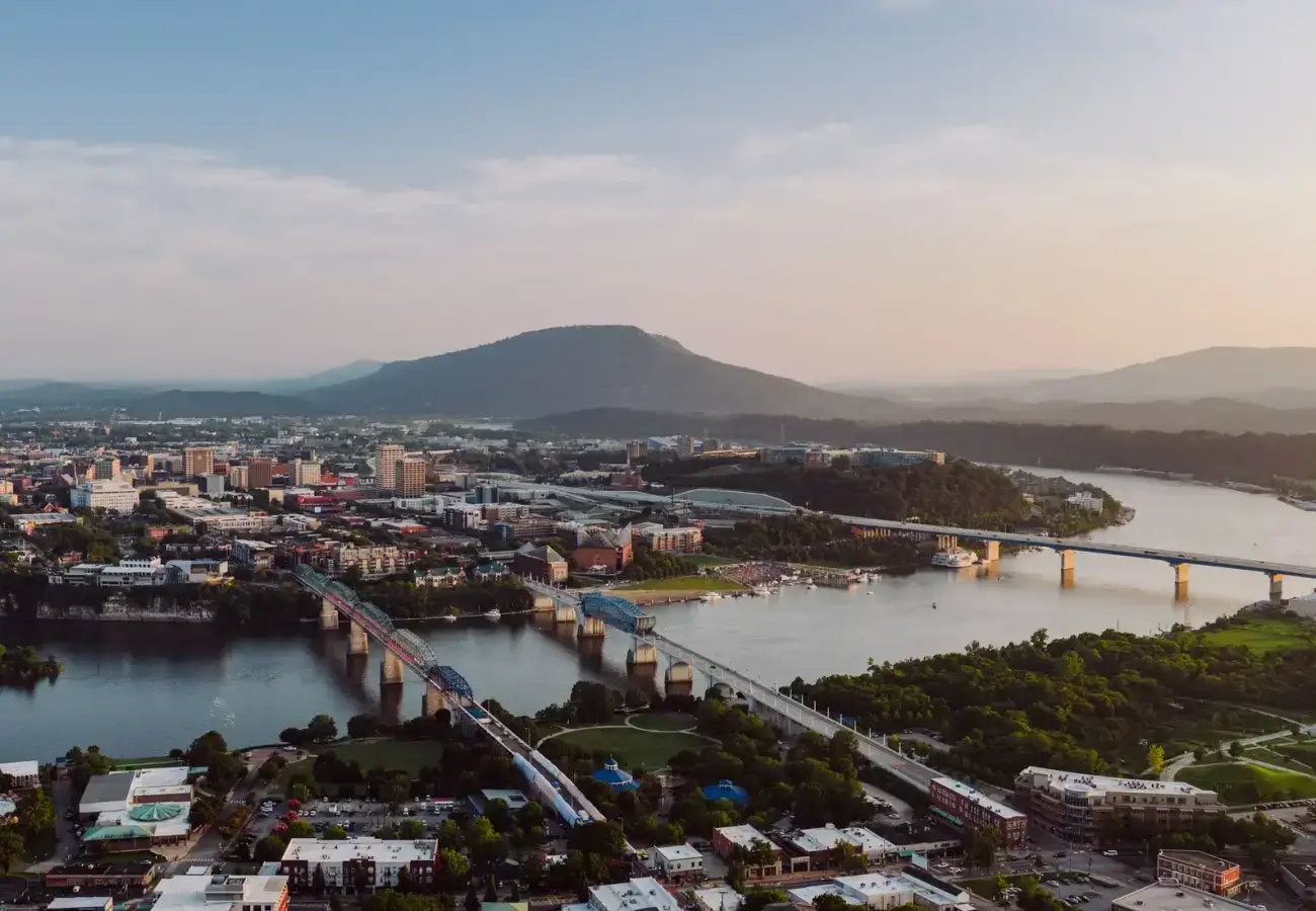 Chattanooga skyline and its river bridges at sunset